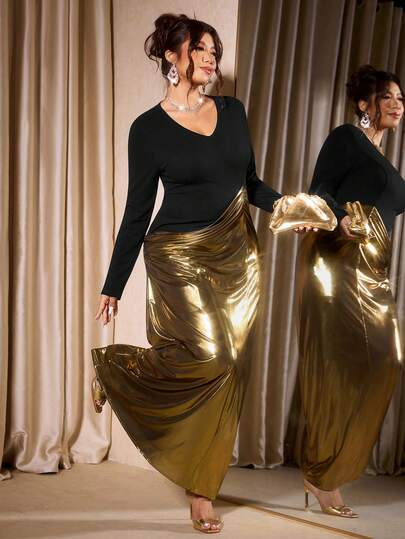 Cravure Plus Size Women Elegant Long Sleeve Sweetheart Neck Metallic Shiny Asymmetrical Hem Dress