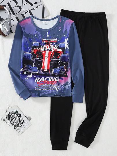 2pcs/Set Boys' Cool Graphic Print Long Sleeve Top And Black Skinny Pants Homewear Set  Snug Fit Tight Fit Pajamas,Tween Boys Pajamas Fall&Winter Clothings,Best  Christmas Gift For Family, Comfortable Material Boy Clothings