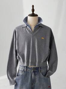 ESTAVOR Suéter de cuello polo de manga larga con ajuste holgado 2 en 1 para hombres, de moda y versátil, para invierno - Gris - Ver 3