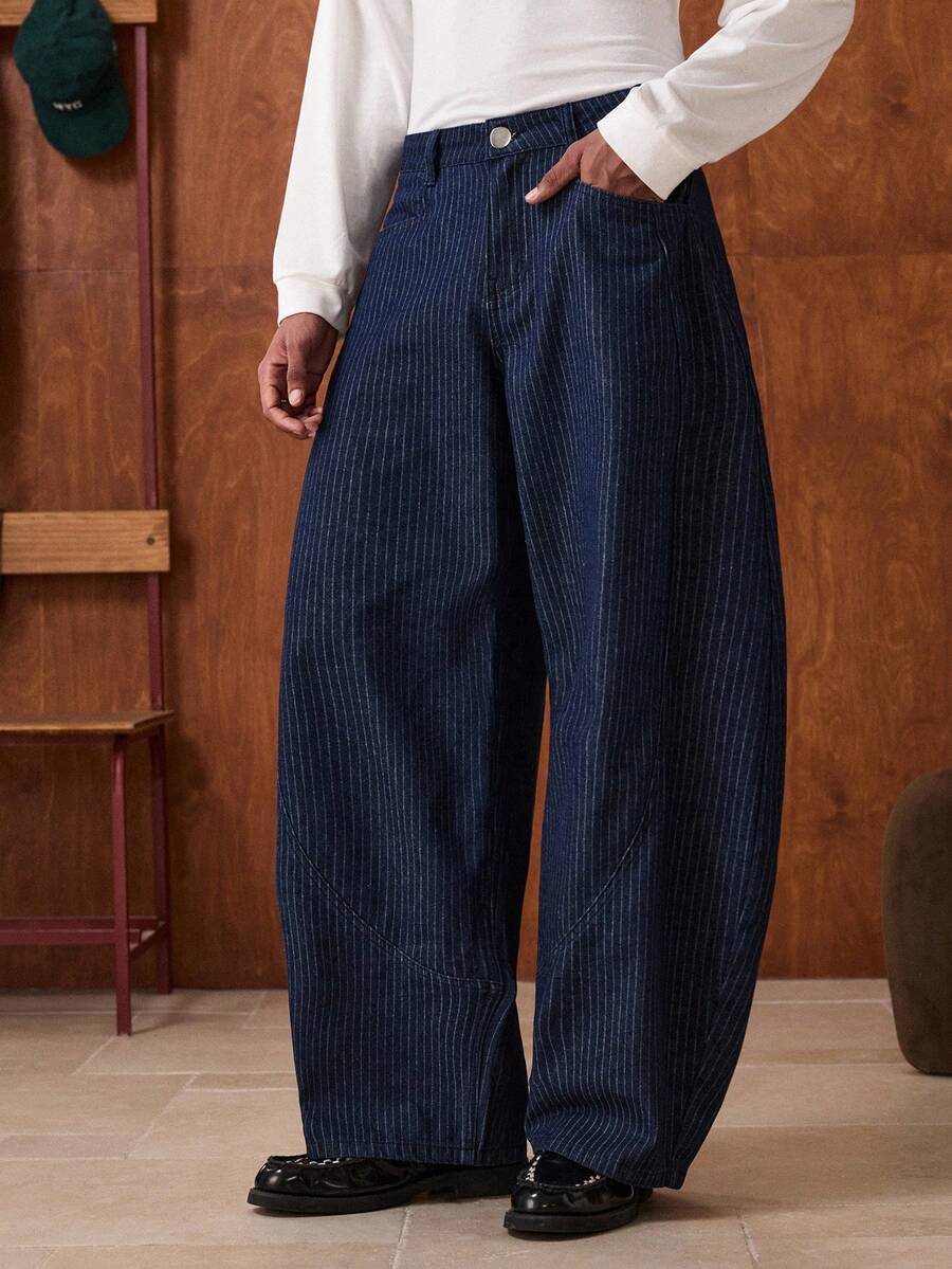 SWAVVY Men's Striped Pocket Wide Leg Loose Casual Versatile Jeans - Blue - View 1