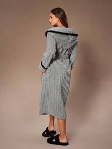SHEIN Contrast Color Pom Pom Hooded Jacquard Fleece Cozy Robe For Women Cozy Robes For Women Fluffy Women Cozy Robe Light Cozy Robe Cozy Robe Set - Light Grey - View 2