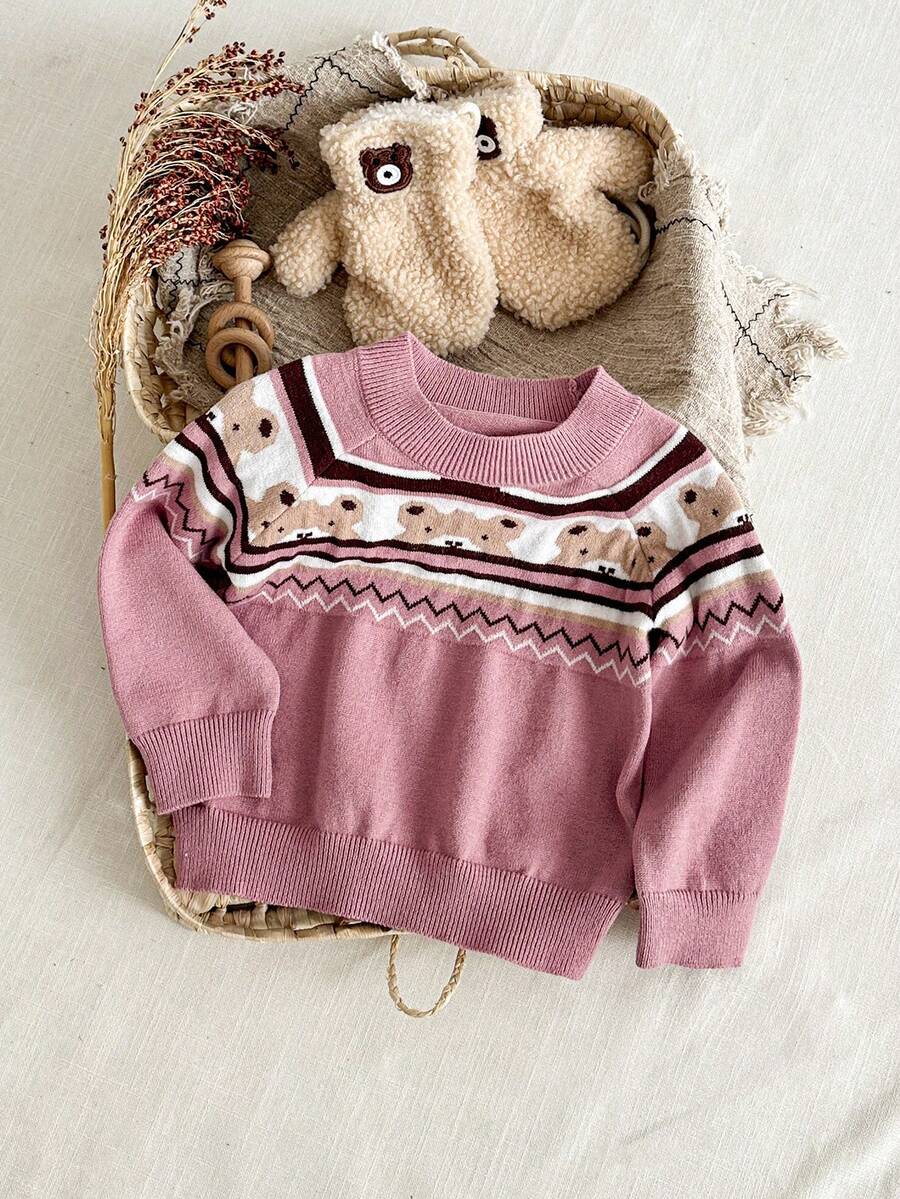 SHEIN Baby Girl Cute Bear Knitted Sweater - Pink - View 1