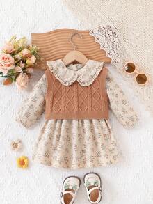 SHEIN Vintaside Kids Baby und Mädchen modischer, süßer, vielseitiger echter 2 Stücke Pullover-Set, gestrickter Pullunder und gewobenes Kleid mit Peter-Pan-Kragen für Oberbekleidung - Kamelfarben - Übersicht 7