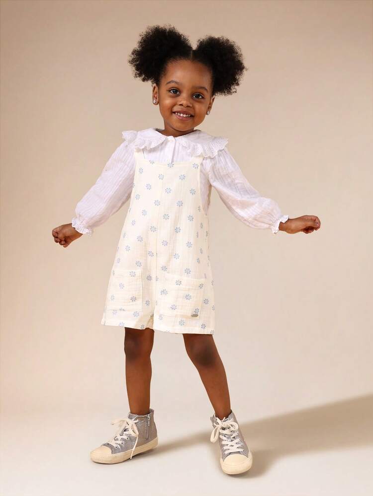 Floral Embroidered Romper With Ruffled Collar