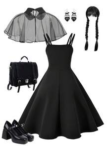 Bộ 2 khăn choàng lưới cổ lọ + váy dây mảnh cho bé gái, trang phục thường ngày mùa hè - màu đen - Xem 4