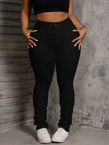 SHEIN Clasi Pantalon harem personnalisé à la mode et élastique pour femmes grandes tailles en hiver - Noir - Voir 4
