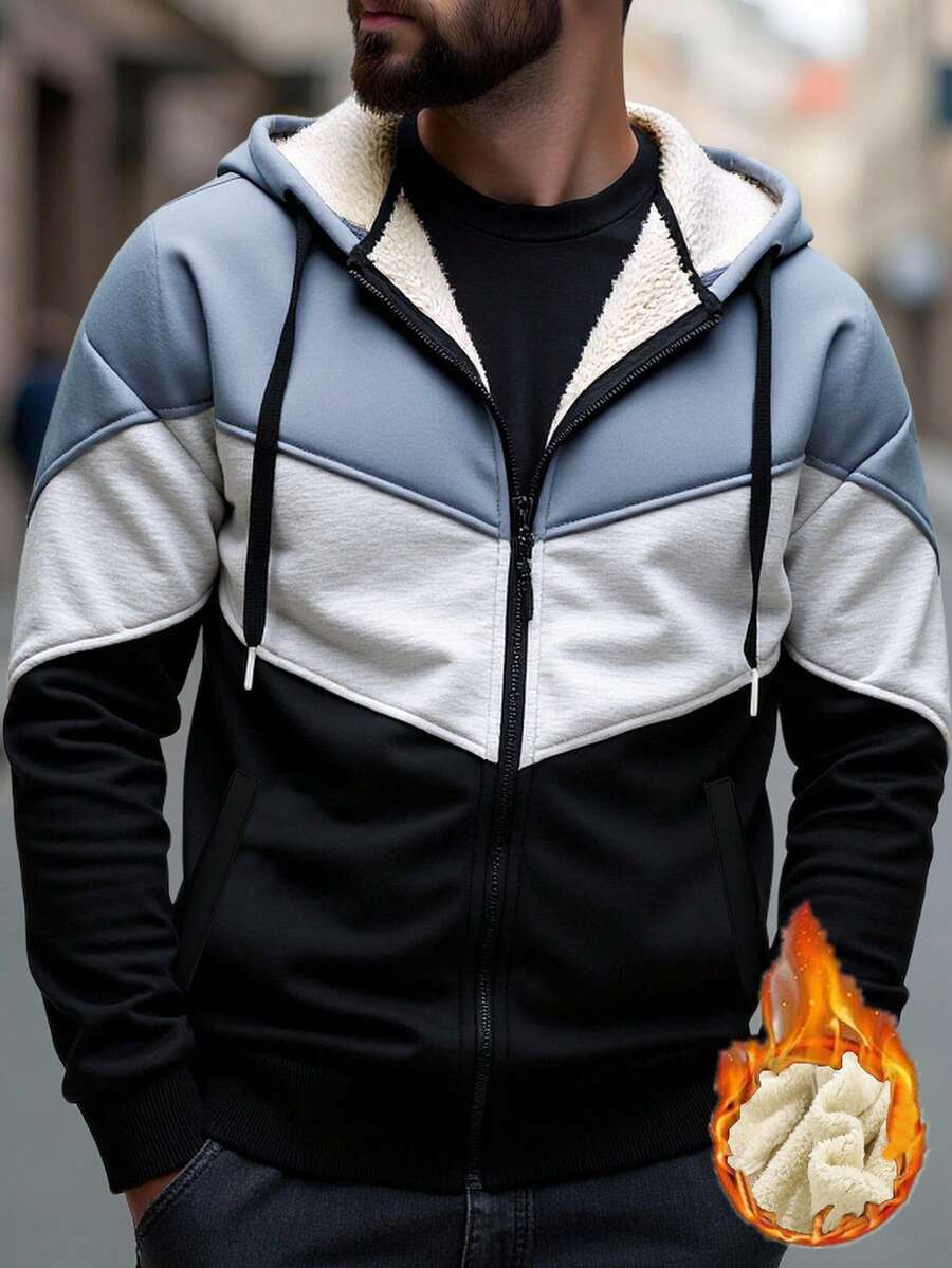 Manfinity Homme 男士秋冬外套,撞色保暖连帽衫,休闲设计师款 - 彩色 - 查看 1