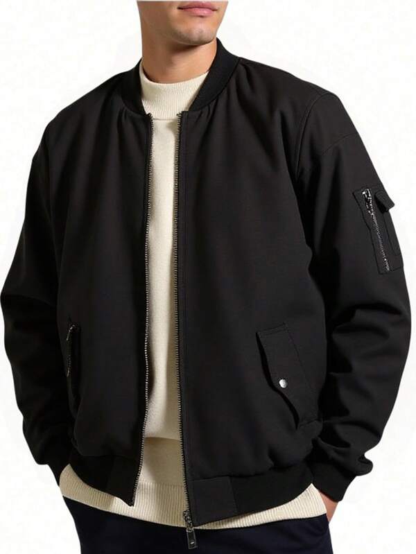 SHEIN Teen Boys' Black Baseball Jacket Bomber Jacket Puffer Padded Coat, Casual College Style Comfortable & Fashionable, Versatile, Soft Fabric, Suitable For Daily Wear, School, Outings, Outdoor Sports, Fall Autumn And Winter Clothes, Winter, Holiday Parties Bomber Jacket Black Jacket Black Jacket Zipper Jacket Zip Up Y2k Zip Up Black Bomber Jacket Jackets Zip Up Jacket