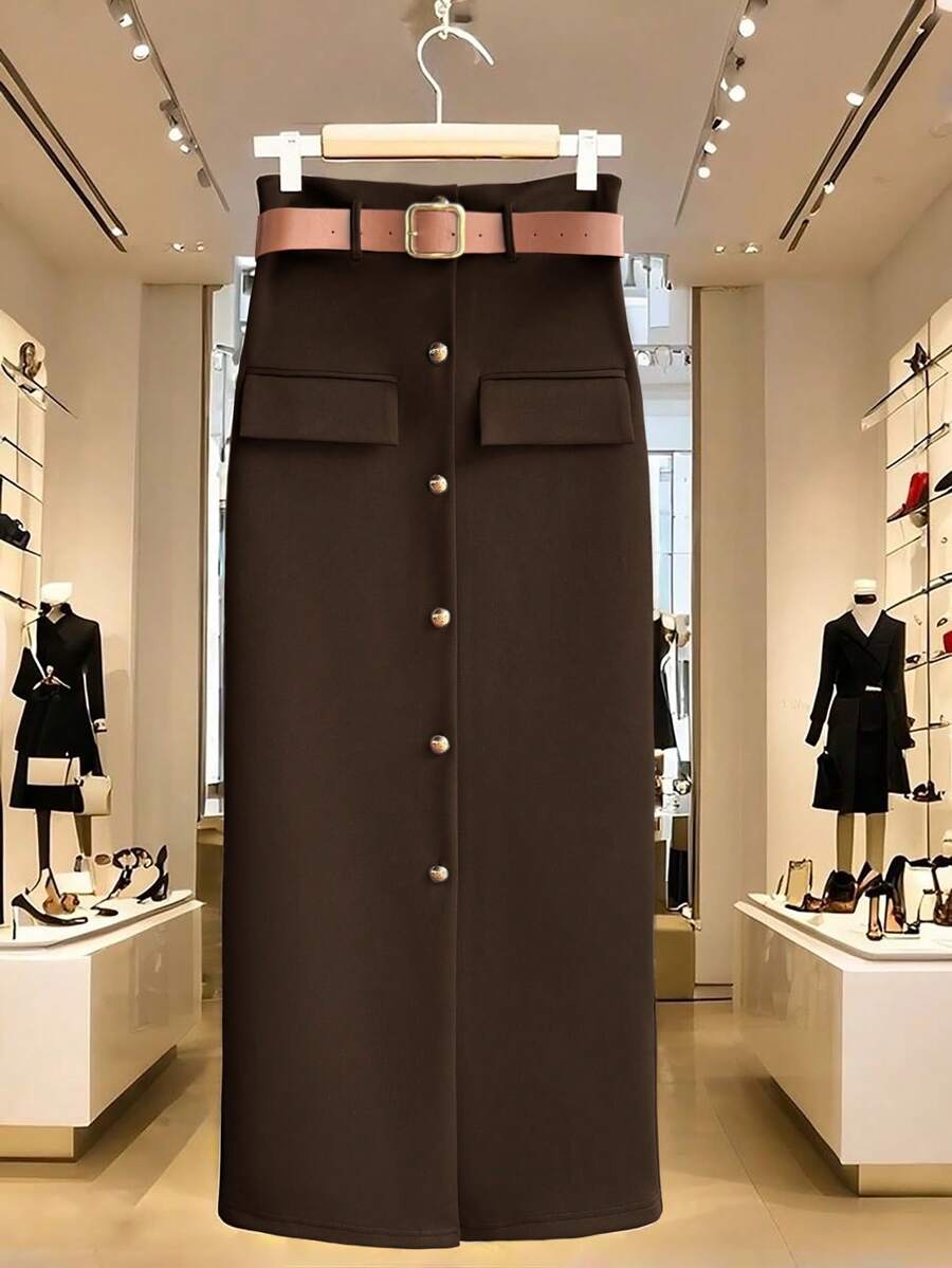 Franclia 女士新款时尚金色纽扣装饰A字裙（配腰带） - 卡其色 - 查看 1