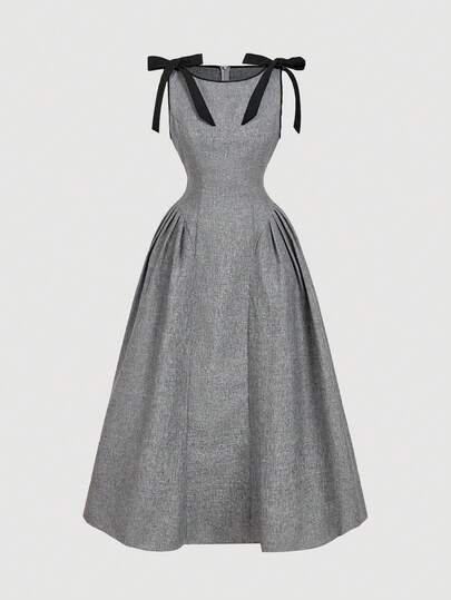 SHEIN MOD Gray Sleeveless Dress With Contrast Trim, Bow Decor And Full Skirt