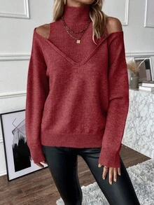 EMERY ROSE 女式纯色高领长袖落肩休闲宽松针织套头衫 - 酒紅色 - 查看 5
