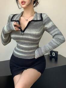 DAZY 女士时尚休闲修身性感针织毛衣，彩色扎染条纹撞色拼接毛绒半拉链套头衫，秋冬 - 灰色 - 查看 3