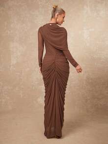 Lumalex 春夏不对称金属装饰网纱柔软飘逸褶皱腰部修身长袖连衣裙,女士垂坠长裙,棕色优雅连衣裙,长袖优雅连衣裙,棕色婚礼宾客礼服,奢华舞会聚会派对宴会,低调奢华闪耀的假日派对狂欢节郊游度假热门户外丰富层次婚礼季宴会派对新年派对造型晚宴晚会秋季派对礼服 - 咖啡棕 - 查看 3