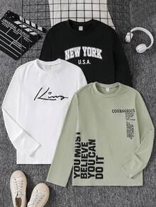 3 件套男童休闲字母印花多色组合圆领长袖 T 恤，适合秋季单独穿着或冬季与夹克搭配，时尚 - 彩色 - 查看 1