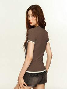 Rina Fox Women's Ribbed Elastic Fitted Casual Sexy T-Shirt