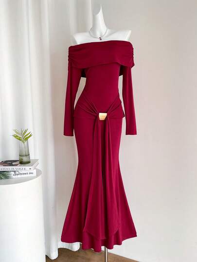 Celisse Off Shoulder Ribbon Metal Decor Button Elegante Dames Lange Jurk