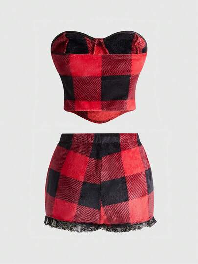 J-Fashion Ensemble femme Y2K sexy bébé en patchwork de dentelle et flanelle à carreaux