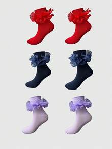 ROMWE Kawaii 3 đôi tất dài đến bắp chân thiết kế ren cho nữ, màu đỏ, đen và trắng - Nhiều màu - Xem 1