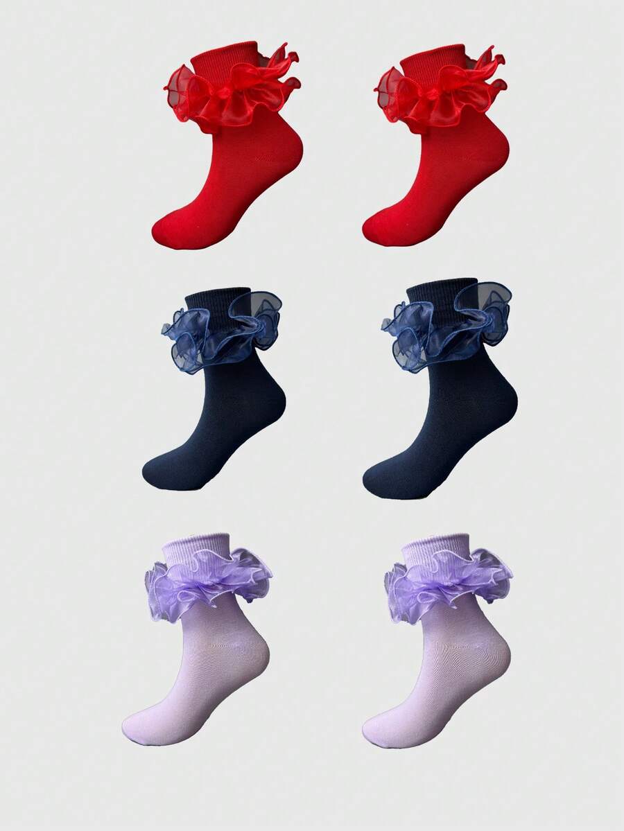 ROMWE Kawaii 3 đôi tất dài đến bắp chân thiết kế ren cho nữ, màu đỏ, đen và trắng - Nhiều màu - Xem 1