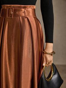 MOTF PREMIUM 高腰束带褶皱裙 - 咖啡棕 - 查看 4