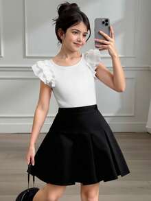 Tween Girl Textured Top With Ruffle Sleeve And Pleated Skirt 2 Pieces Set - Black and White - View 8