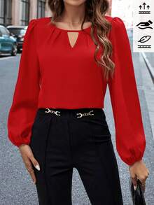 SHEIN Clasi Women's Keyhole Neck Lantern Sleeve Shirt,Long Sleeve Tops - Red - View 2