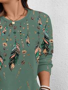 EMERY ROSE Vintage Gold Feather Print Casual Minimalist Plus Size Sweatshirt, Suitable For Party, Autumn/Winter - Multicolor - View 3