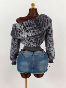 Amplova 秋冬女士时尚不对称领仿皮草豹纹夹克 - 灰色 - 查看 9