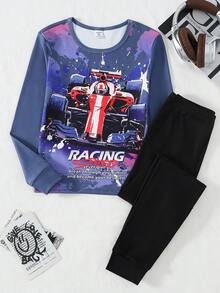 2件套男童酷炫图案印花长袖上衣和黑色紧身裤家居服套装 - 彩色 - 查看 3