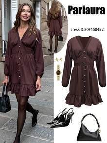 Chiquease Vestido de manga farol con escote profundo en V y cintura ceñida, nuevo para otoño/invierno 2025. Vestido elegante con volantes en el bajo, conjunto exterior rojo-café, vestido versátil para ir y venir en otoño/invierno para mujeres. - Óxido marrón - Ver 2