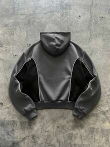 AXEPEAK Men's Casual Contrast Color Patchwork Hoodie, Autumn/Winter, Long Sleeve Top - Dark Grey - View 2