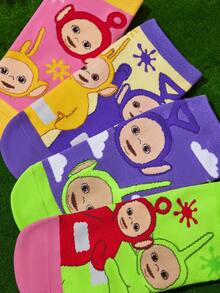 Teletubbies X SHEIN 4双柔软透气吸湿排汗休闲女士短袜，卡通图案可爱，时尚绿色、紫色和粉色短袜，加固脚趾和脚跟，经久耐用，适合所有季节，适合夏季和冬季 - 彩色 - 查看 3