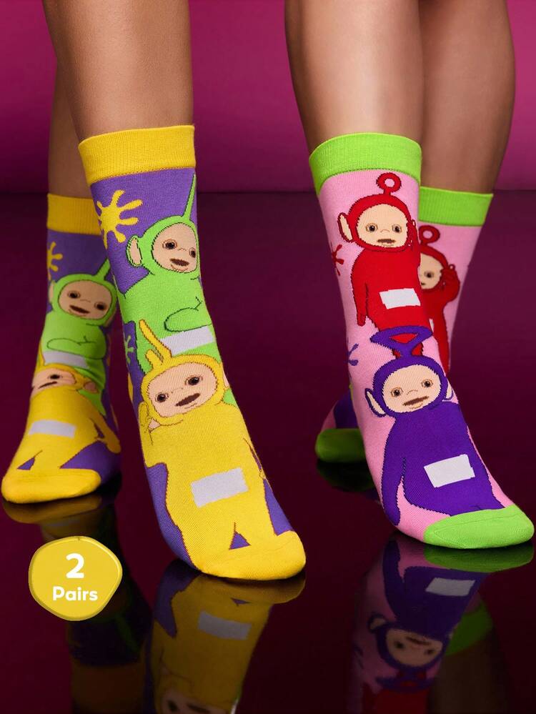 Teletubbies X SHEIN 2双柔软透气吸湿排汗休闲女士中筒袜，带有可爱卡通图案，时尚粉色和紫色中筒袜，加固脚趾和脚跟，经久耐用，适合所有季节，适合夏季和冬季 - 彩色 - 查看 2