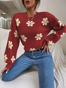 Raffinéva 女式花卉图案圆领落肩长袖休闲套头衫，秋冬 - 酒紅色 - 查看 6