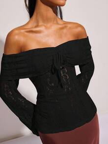 COSMINA 女士优雅蕾丝露肩衬衫，适合春夏季度假 - 黑色 - 查看 3