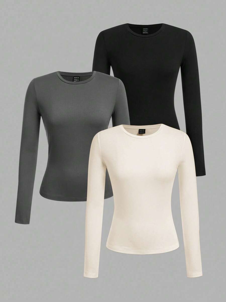 SHEIN EZwear 3 件套女士休闲紧身圆领长袖 T 恤套装,适合秋冬季 - 彩色 - 查看 1
