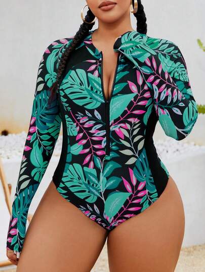 Swim SPRTY 加大码女式连体拉链前随机印花长袖修身泳衣，适合冲浪、运动、海滩、泳池