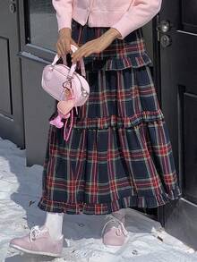 DAZY 少女休闲格子印花多层荷叶边下摆迷你裙