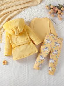 3pcs Baby Girls' Pink Minimalist Print Long Pants, Long Sleeve Top And Hooded Robe Set, Comfortable Loungewear - Yellow - View 2