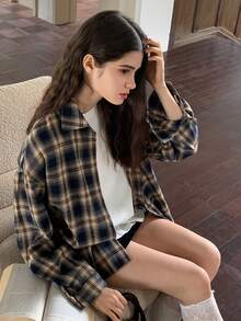 DAZY 少女格纹印花纽扣前开襟宽松长袖衬衫