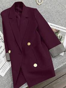 Franclia Blazer casual con puños a cuadros franceses y ajuste ligero para mujer, adecuado para ir al trabajo y el verano - Rojo violeta - Ver 1