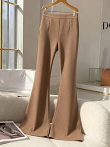 Franclia Women's Elegant Khaki Thick Autumn And Winter Regular Waist Zipper With Pockets Flared Trousers, Commuter Suit Flared Trousers, Winter Cozy Fall Christmas New Year Thanksgiving Party - Khaki - View 2