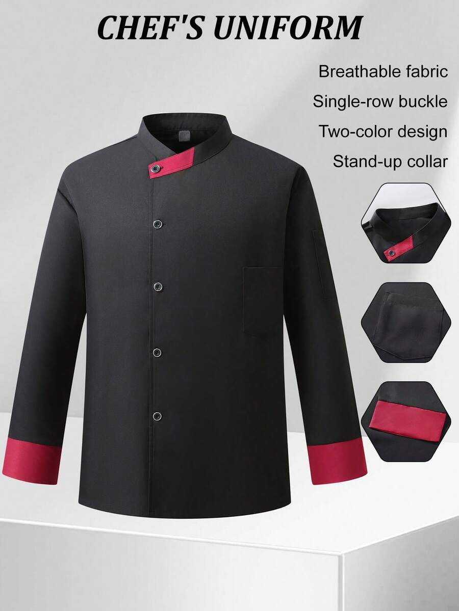 Manfinity Homme Áo sơ mi đầu bếp tay dài chắp vá màu tương phản dành cho nam - màu đen - Xem 1