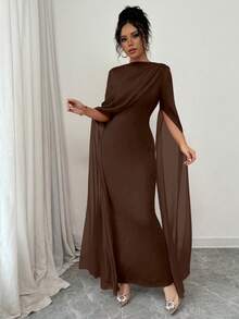 SHEIN PETITE 优雅收腰紧身斜肩褶饰透明飘逸袖开叉连衣裙，针织弹力红色女式礼服，适合秋冬派对、宴会、活动