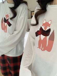 优雅简约少女冬季狐狸印花刺绣白色上衣和红黑格子裤休闲舒适长袖家居服两件套 - 紅色 - 查看 7