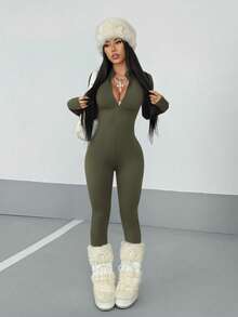 StreetHx 女式街头纯色长袖半拉链连体裤，秋季 - 軍綠色 - 查看 6