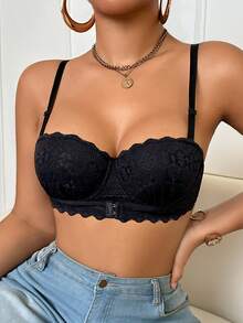 1pc Lace Padded Underwire Bra For Women - Black - View 9