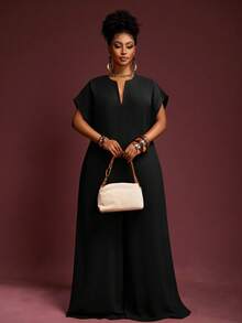 Veslaya Bộ đồ liền thân ống rộng tay ngắn cổ chữ V màu sô cô la thanh lịch mới 2025, cỡ lớn dành cho nữ, mùa hè - màu đen - Xem 5