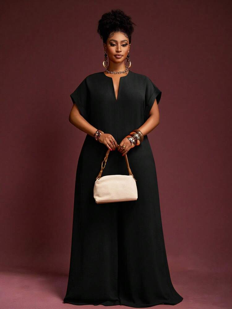 Veslaya 2025 New Vintage Elegant Chocolate V-Neck Short Sleeve Wide Leg Jumpsuit, Plus Size Women, Summer - Black - View 5