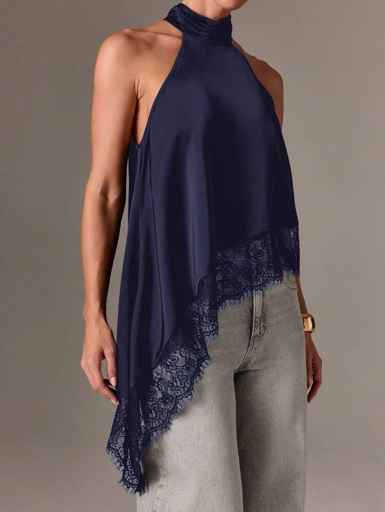 High Neck Halter Top With Lace Hem